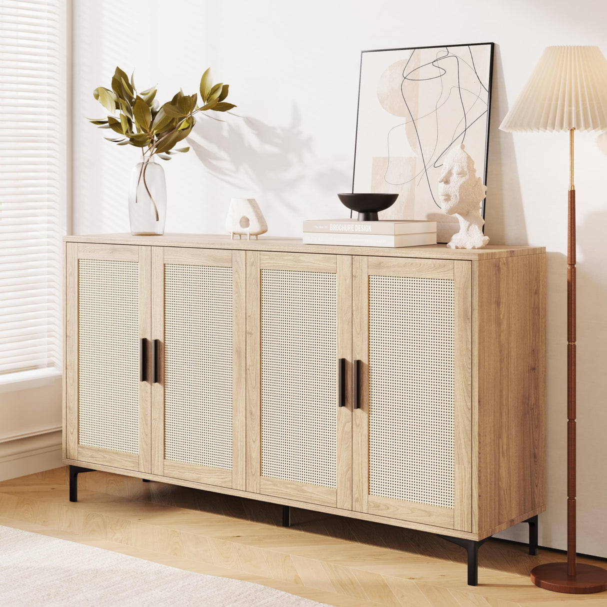 Sideboard - Kitchen Buffet Cabinet with Rattan Decorated Doors, 4 Doors Accent Sideboard Cabinet, Coffee Bar Cabinet Rattan Sideboard for Dining Room, Kitchen, Hallway, Cupboard Console Table,Natural JASIWAY