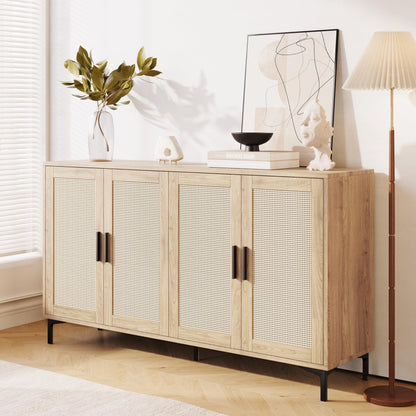 Sideboard - Kitchen Buffet Cabinet with Rattan Decorated Doors, 4 Doors Accent Sideboard Cabinet, Coffee Bar Cabinet Rattan Sideboard for Dining Room, Kitchen, Hallway, Cupboard Console Table,Natural