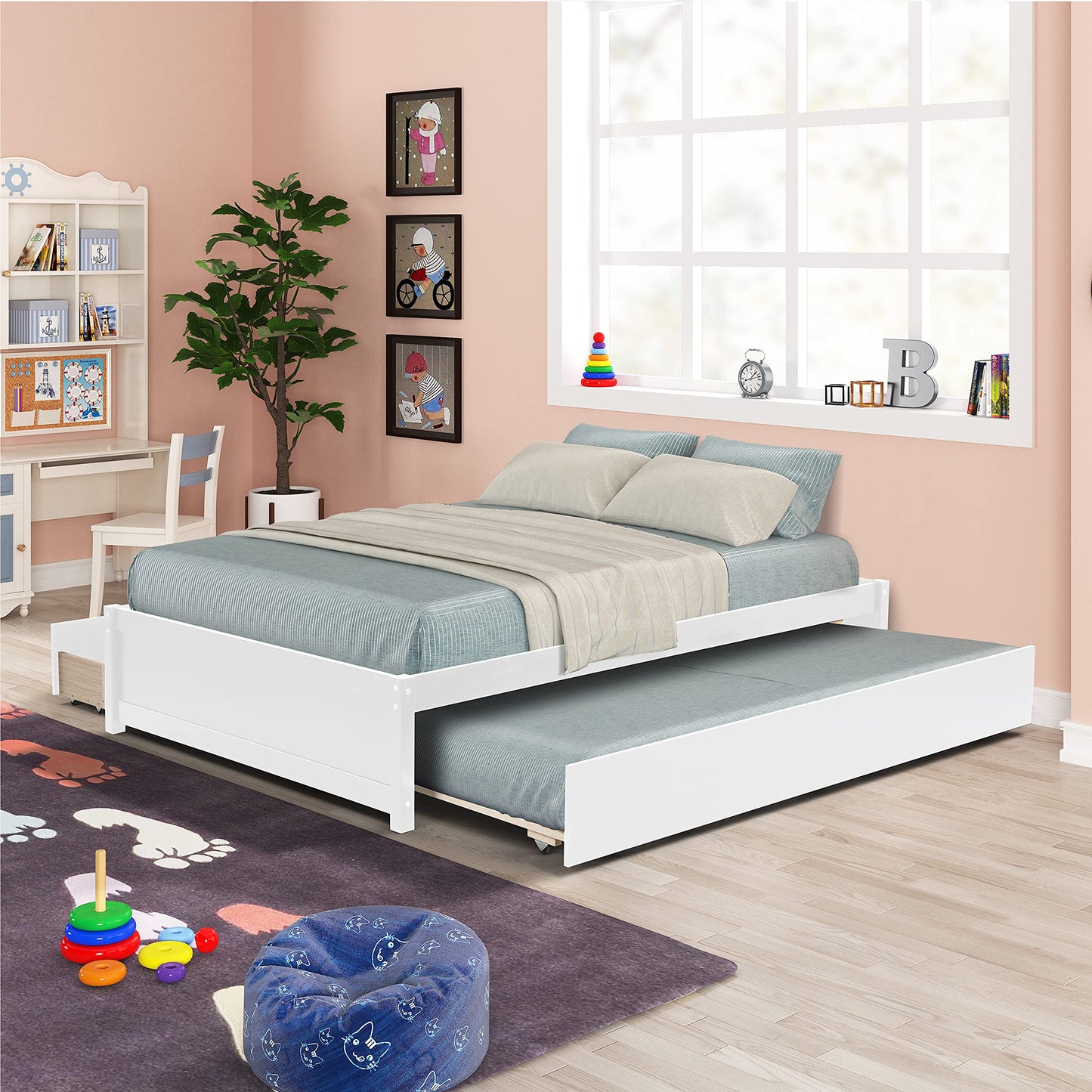 Harper & Bright Designs Full Bed with Storage Drawers and Trundle, Solid Wood Platform Bed Frame for Kids Teens Adults (Full Size, White)