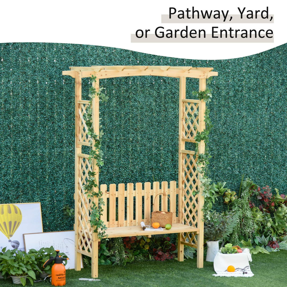 Outsunny Wooden Garden Arbor for Climbing Plants with Garden Bench, Garden Arch to Grow Grapes & Vines, Patio Decor & 2-Person Outdoor Wood Decorative Seating, Natural Outsunny