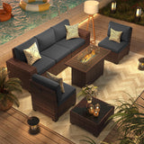 ELPOSUN 7 Pieces Outdoor Patio Furniture Set with 44" Fire Pit Table Brown Rattan Sectional Sofa Conversation Sets for Balcony Lawn and Garden (Gray, 7 pcs w/Fire Table) ELPOSUN