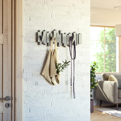 Umbra Sticks Wall-Mounted Coat Rack Rail Hook with 5 Retractable Pegs – Modern, Space-Saving Storage Organizer, Grey Umbra