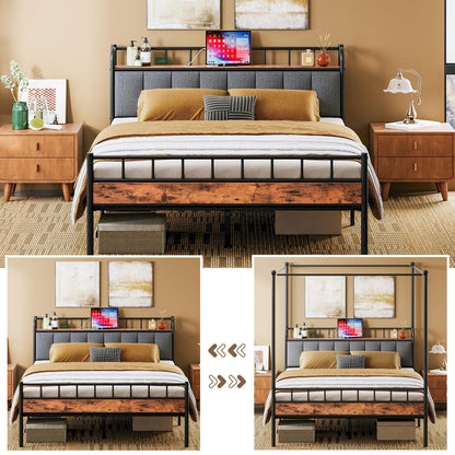 Queen Canopy Bed Frame with Storage Headboard and Charging Station in Vintage Brown - WoodArtSupply