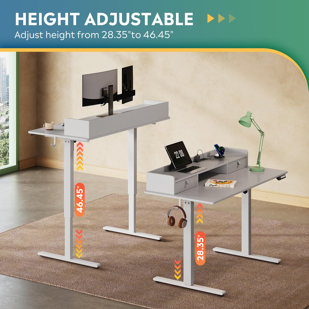 DEVAISE 48×24 Inch Electric Standing Desk with Drawers, Computer Desk with 3 Adjustable Height, Storage Shelf, Built-in AC & USB Outlets and Memory Preset, Sit to Stand Desk for Home Office, White DEVAISE
