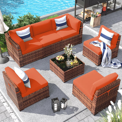 Poteban Patio Furniture Set, 7 Pieces Outdoor Modular Conversation Set Wicker Sectional Sofa for All Weather Rattan Patio Couch for Porch Garden Backyard Balcony Poolside (Orange)
