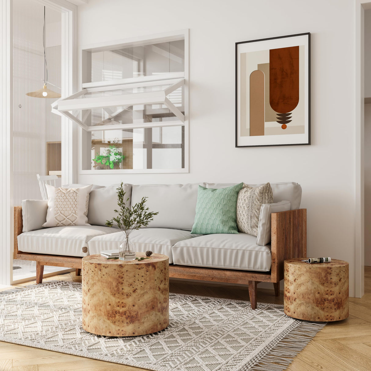 HanStrong Nesting Coffee Table Set of 2 for Living Room, Modern Round Wooden Circle Accent Side Tables for Small Spaces, Bedroom, Balcony, Office, Natural Burl Finish (19"+15") HanStrong