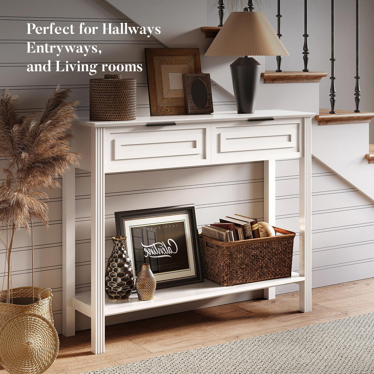 VEELOK Fluted White Console Table with Drawers, Modern Entryway Table with Storage, Sofa Table Behind Couch, Entry Table for Living Room, Hallway, Foyer VEELOK