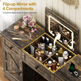 MDGC 3 in 1 Vanity Desk with Mirror and Lights, Farmhouse Dressing Table with Charging Station, Compact Makeup Vanity Table with 3 Drawers, Adjustable Shelves & Hidden Storage Stool (Rustic Brown) MDGC