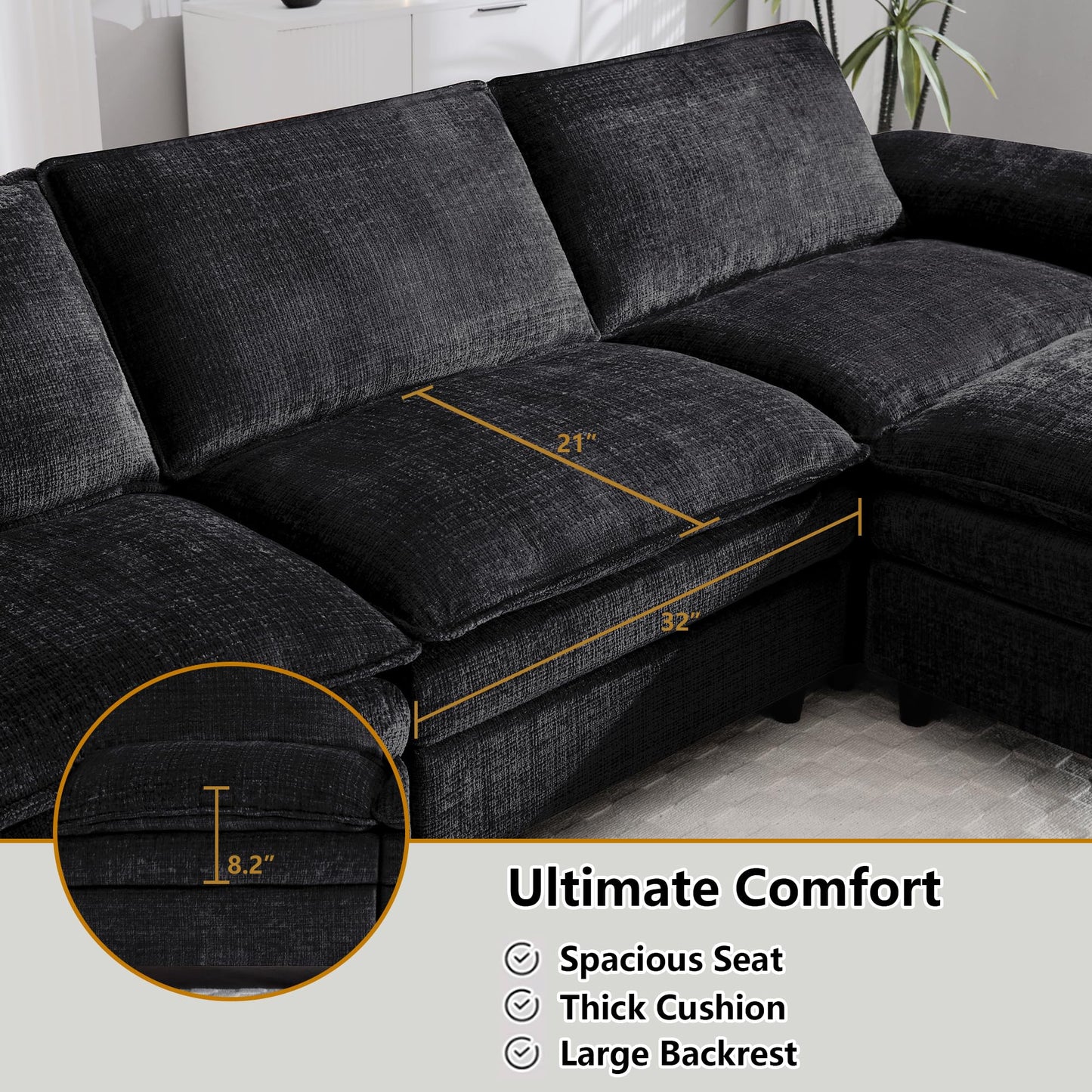 113.5" L Shaped Sectional Sofa, Modern Modular Cloud Couch with Movable Ottoman, 3 Seat Couches for Living Room, Apartment, Black Chenille