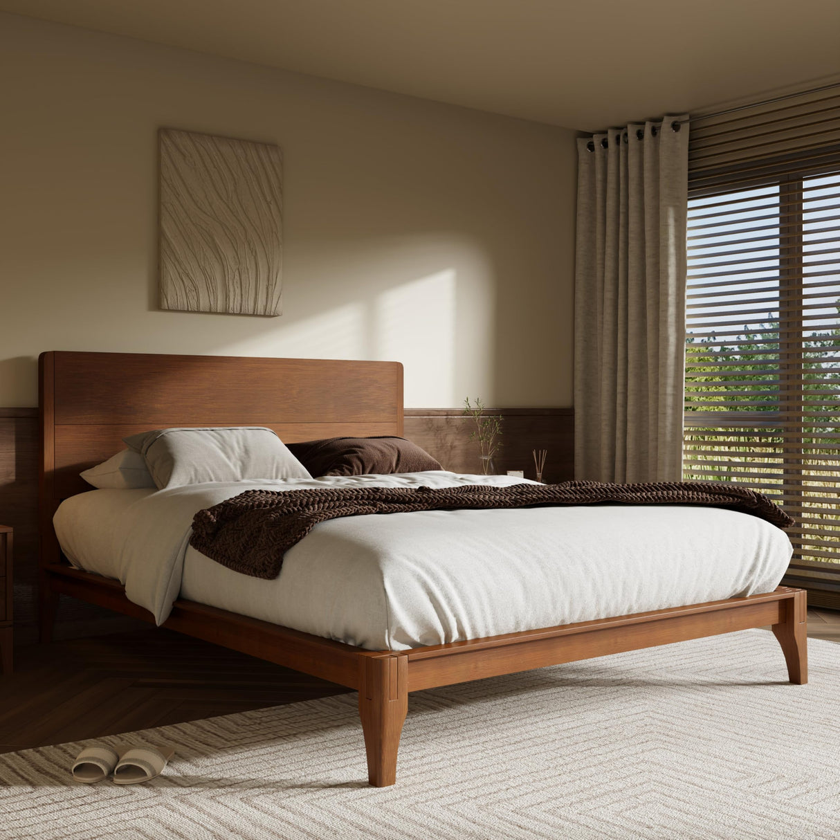 Merax Full Size Bamboo Platform Bed, Mid-Century Modern Bed Frame with Tall Headboard, Wood Slat Support, No Box Spring Needed, Easy Assembly, Brown Merax