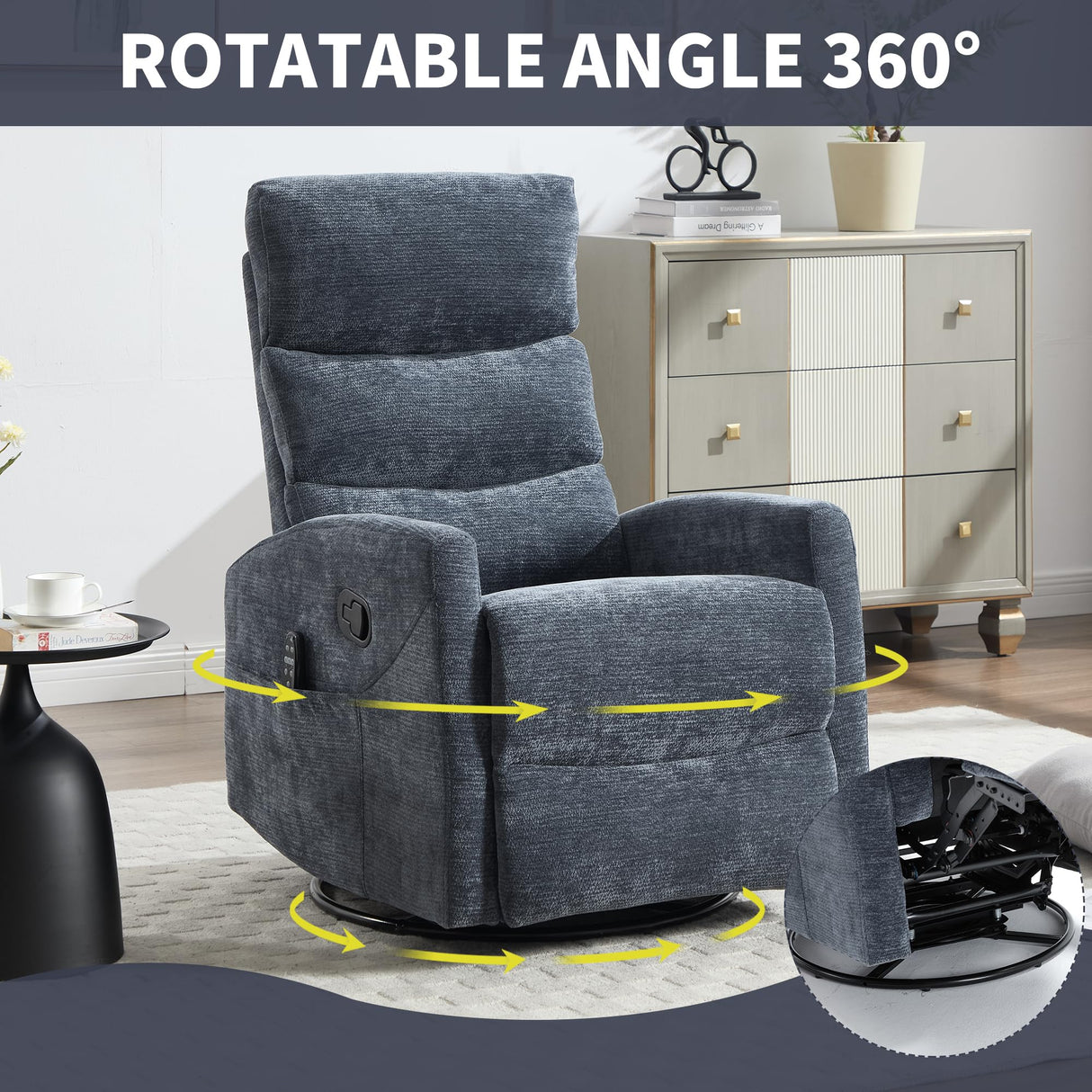Trustyue Swivel Rocker Recliner Chair, 360° Swivel Recliner with Heat and Massage, Rocker Recliner Upholstered Fabric Nursery Glider Recliner Chair with Side Pockets for Living Room Blue Trustyue