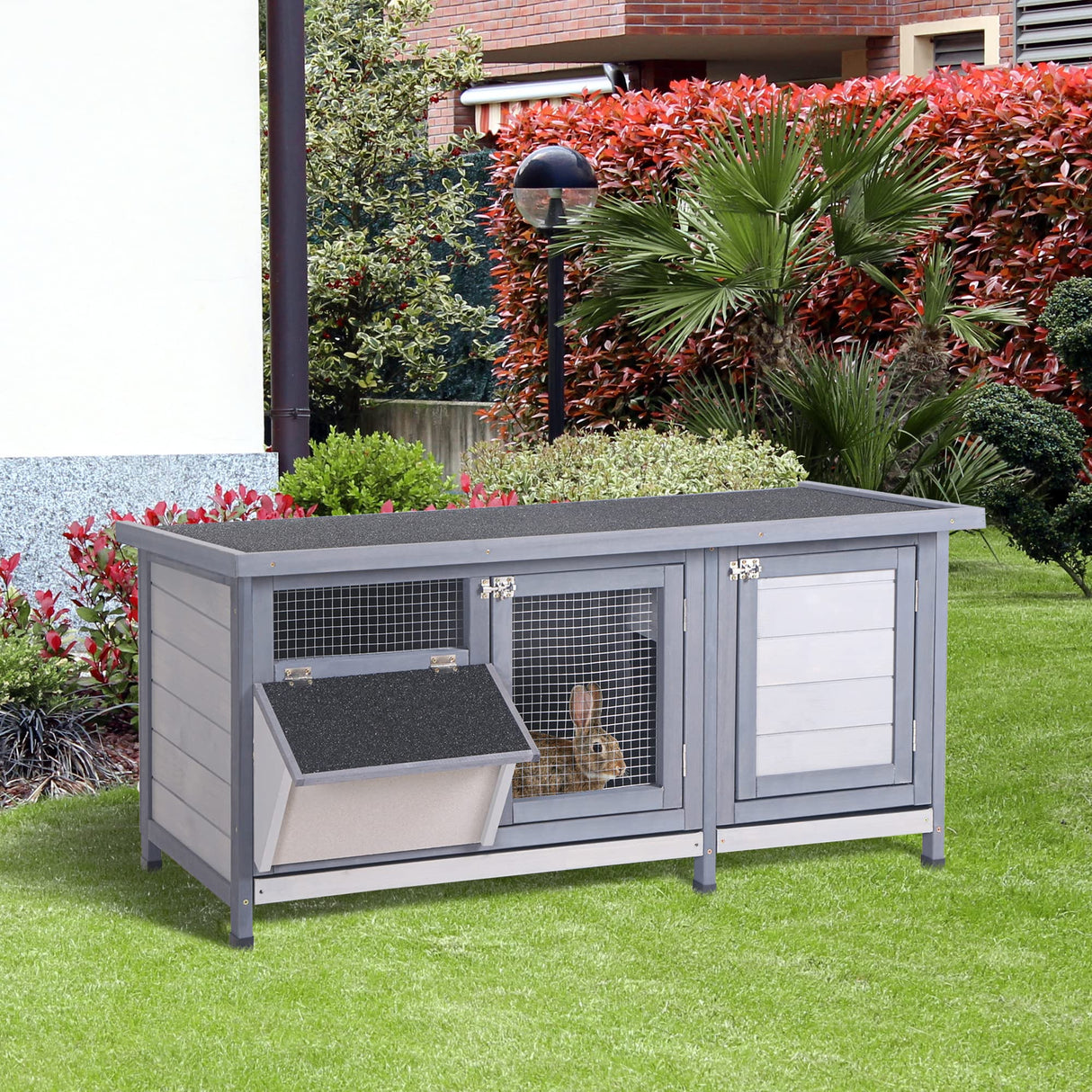 PawHut Wooden Rabbit Hutch Bunny Hutch Cage Guinea Pig with Waterproof Roof, No Leak Tray and Feeding Trough, Indoor/Outdoor, Gray PawHut