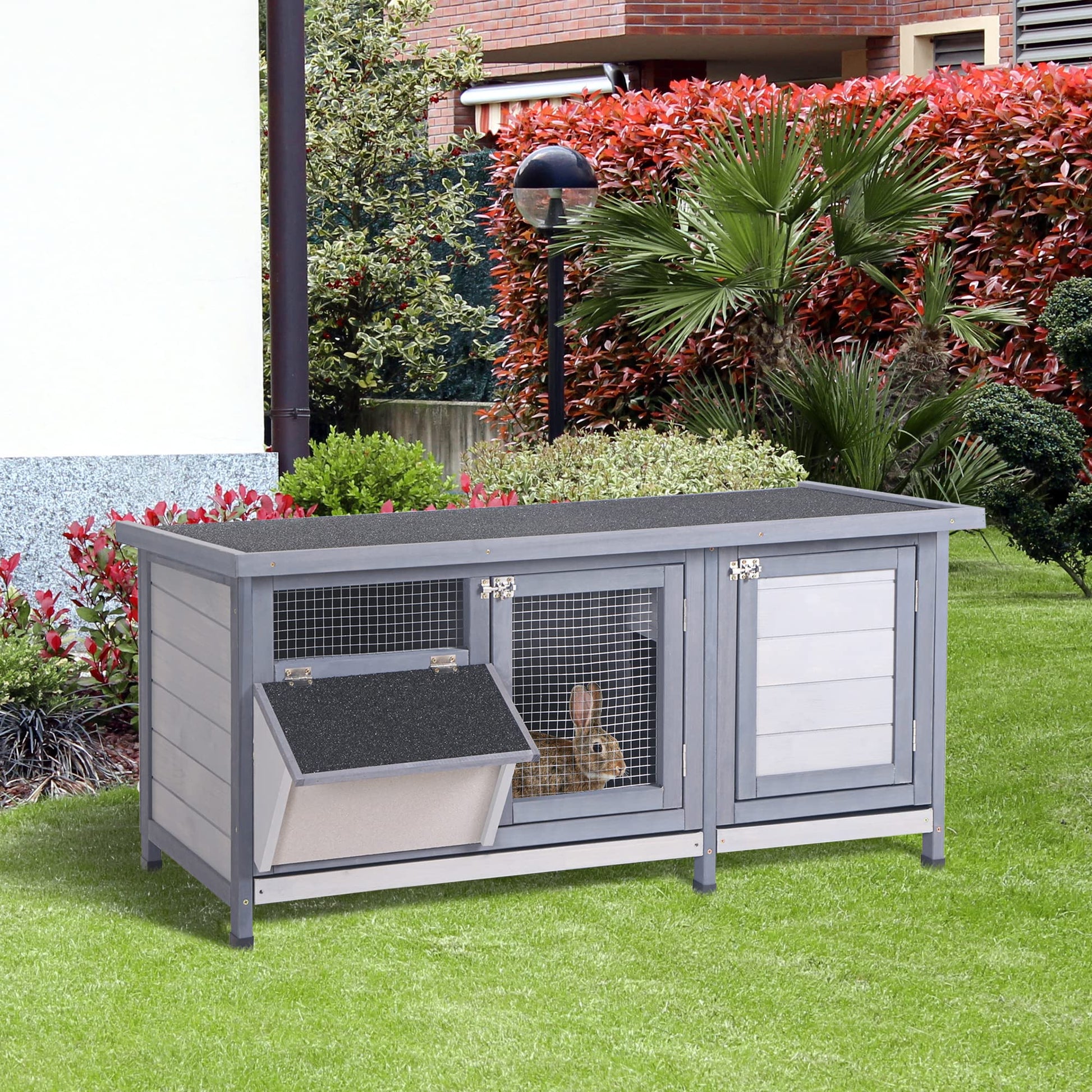 PawHut Wooden Rabbit Hutch Bunny Hutch Cage Guinea Pig with Waterproof Roof, No Leak Tray and Feeding Trough, Indoor/Outdoor, Gray - WoodArtSupply