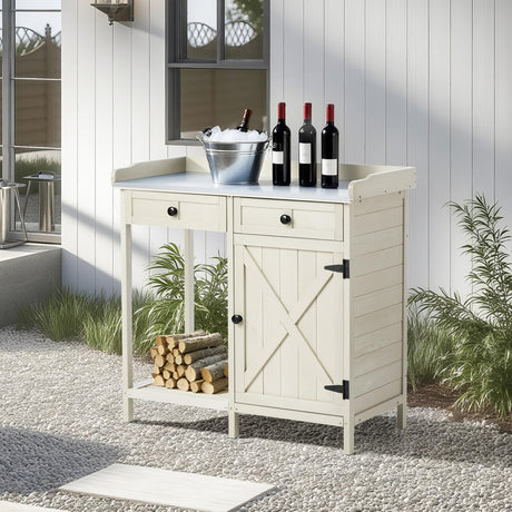 Outdoor Potting Bench with Storage Cabinet & Metal Tabletop, Garden Work Table, Wood Planting Workstation for Patio, w/Drawer HABAU