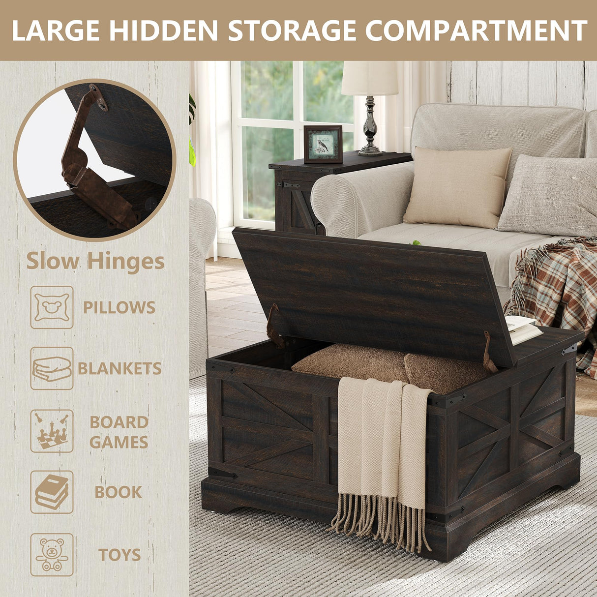 Furnideco Square Coffee Table with Storage Farmhouse Coffee Table with Lifting Top Modern Wood Center Table for Living Room Home Office, Dark Brown Furnideco