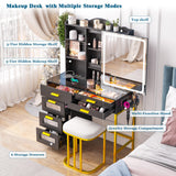 WOOVIVS RGB Vanity Desk with Sliding Mirror and Lights, LED Makeup Vanity with Charging Station/Motion Sensor Light, Glass Top Vanities Dressing Table Set with Jewelry Box,6 Drawers,Stool (Black) WOOVIVS