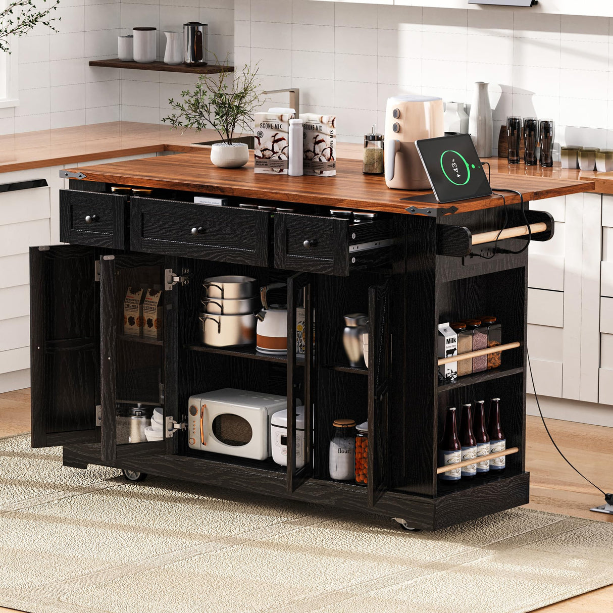 E-SHANMOHY Farmhouse Kitchen Island Cart with Drop Leaf & Charging Station,53" Rolling Island Cart on Wheels with Tempered Glass Doors Storage,Side Spice Racks,Ideal for Home Kitchen (Black-1) E-SHANHOMY