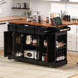 E-SHANMOHY Farmhouse Kitchen Island Cart with Drop Leaf & Charging Station,53" Rolling Island Cart on Wheels with Tempered Glass Doors Storage,Side Spice Racks,Ideal for Home Kitchen (Black-1) E-SHANHOMY
