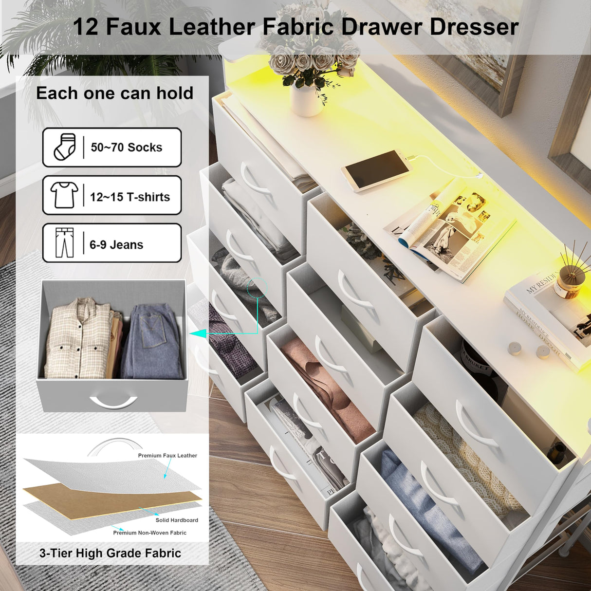 Welfuturer White Dresser with LED Lights and Charging Station for Bedroom 12 Drawers Dressers & Chest of Drawers Tall Dressers for Hallway Entryway Closets Living Rom Sturdy Steel Frame Wood Top Welfuturer