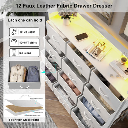 Welfuturer White Dresser with LED Lights and Charging Station for Bedroom 12 Drawers Dressers & Chest of Drawers Tall Dressers for Hallway Entryway Closets Living Rom Sturdy Steel Frame Wood  - WoodArtSupply