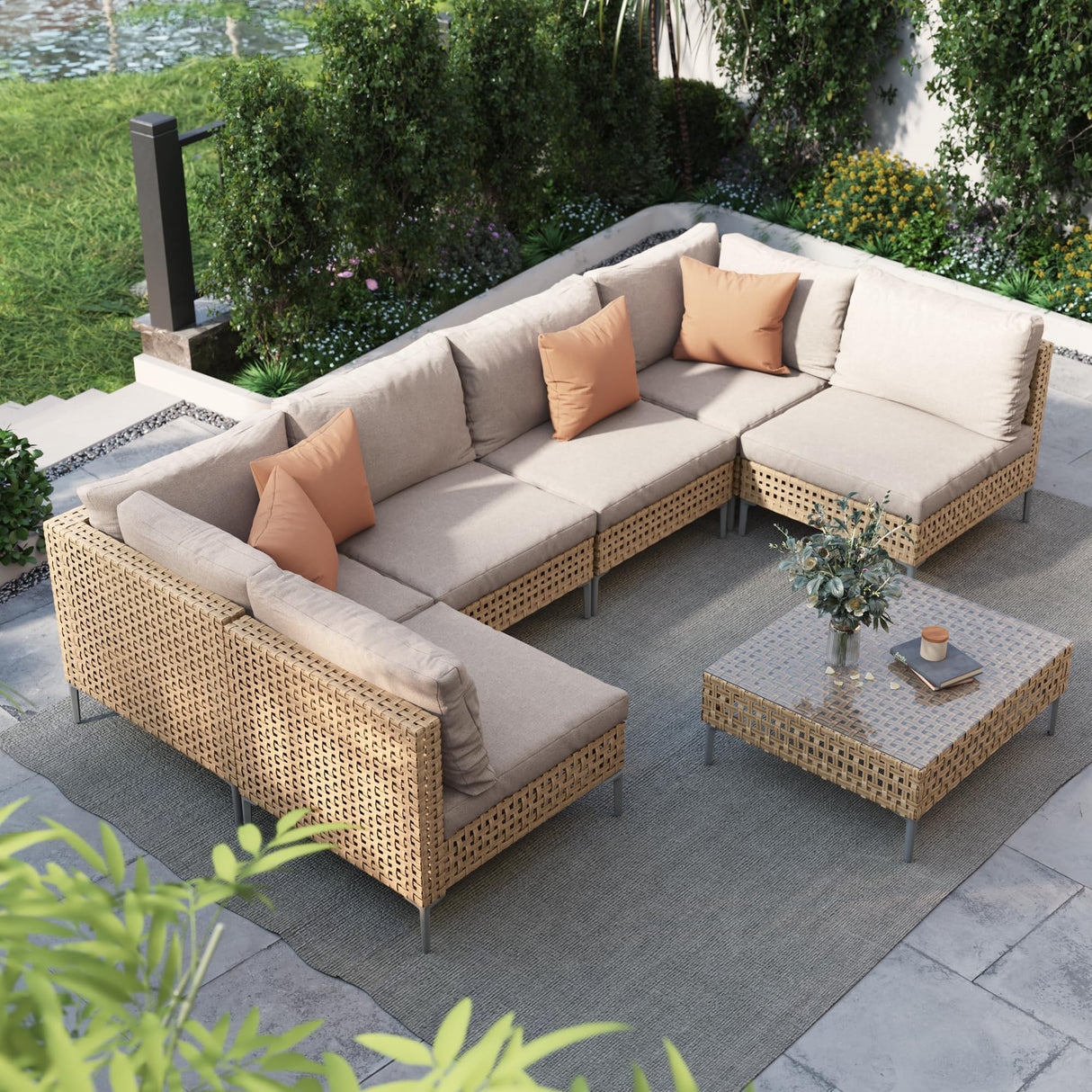 Grand patio 7-Piece Wicker Patio Furniture Set, All-Weather Boho Outdoor Conversation Set Sectional Sofa with Water Resistant Beige Thick Cushions and Coffee Table Grand patio