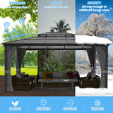 Yardenaler 12x16 FT Hardtop Gazebo Canopy with Double Polycarbonate Roof, Permanent Outdoor Pavilion with Curtain & Mesh Netting for Patio, Garden, Backyard, Gray Yardenaler