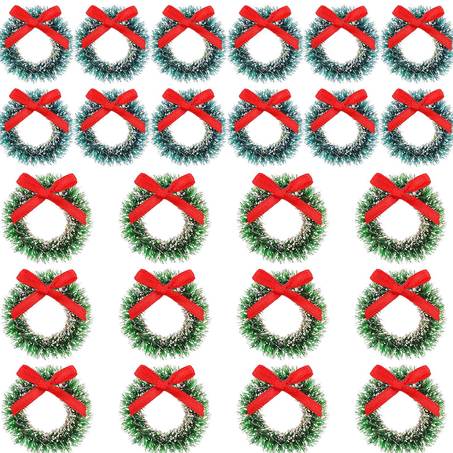 Dingion 48 Pieces Mini Christmas Wreaths with Bows Include 1 Inch Blue Green 1.2 Inch Grass Green for Christmas Tree Decoration (Simple Style)