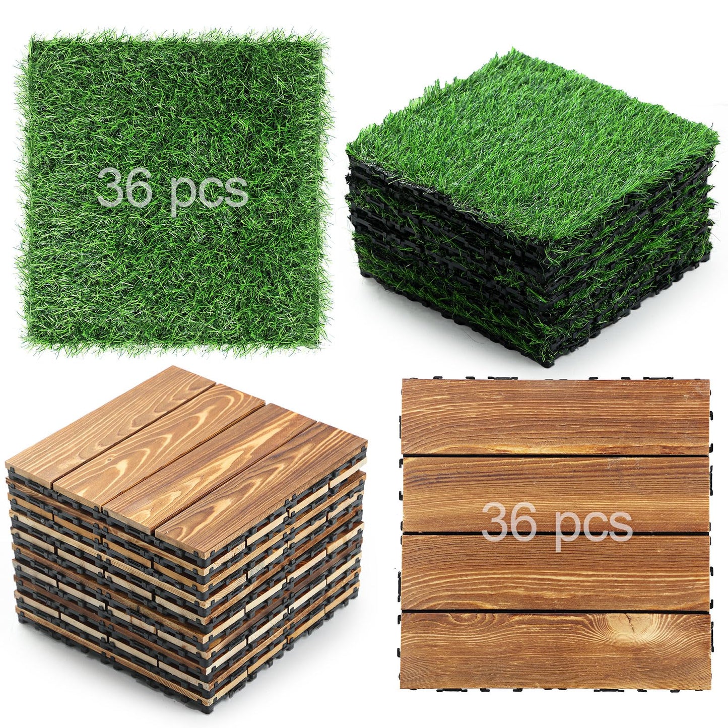 Menkxi 72 Pcs Hardwood Interlocking Patio Deck Tile and Artificial Grass Tile 12 x 12 In Waterproof Wood Flooring Tile Interlocking Turf Tile Outdoor Self Draining Tile for Balcony Garden Pat - WoodArtSupply