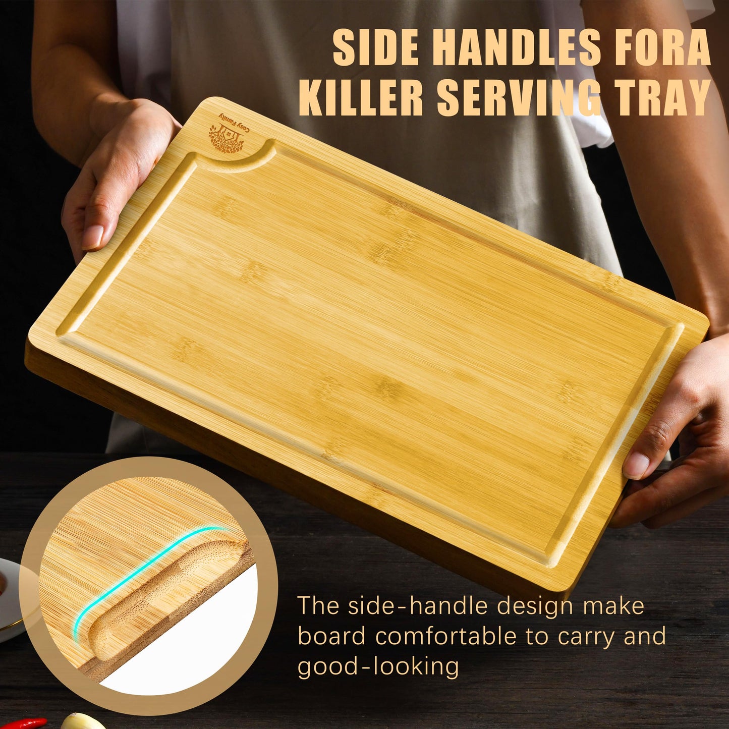 Cosy Family Wood Cutting Boards for Kitchen - XL - Bamboo Cutting Boards with Juice Groove, Serving Board Set, Thick Chopping Board for Meat, Veggies, Easy to clean