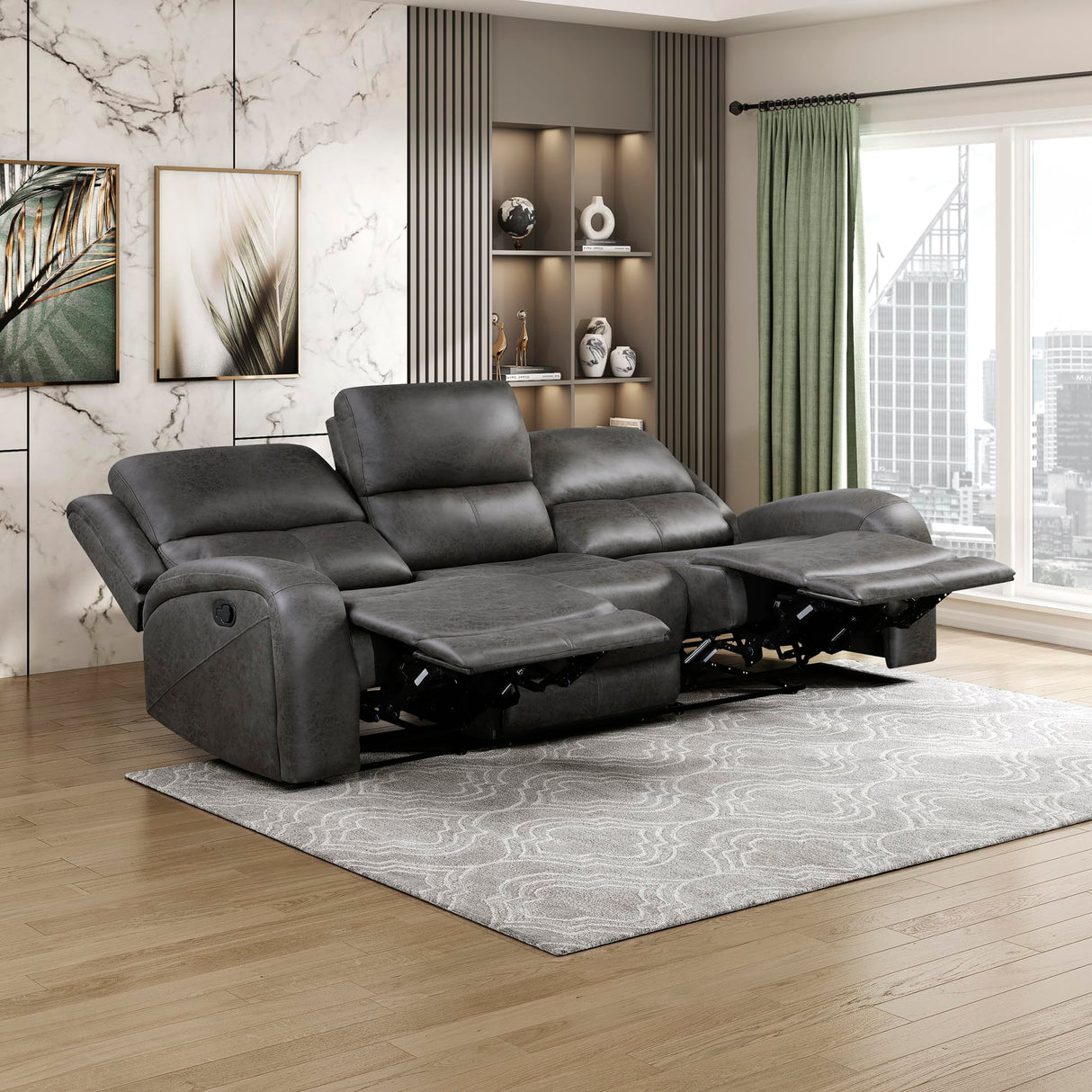 Lexicon Manual Double Reclining Sofa, Polished Microfiber Manual Wall Hugger Sofa Recliner for Living Room, Home Theater Seating, Track Arm, Stitching Cushion, Padded Foam Seat Cushion, Gray Lexicon