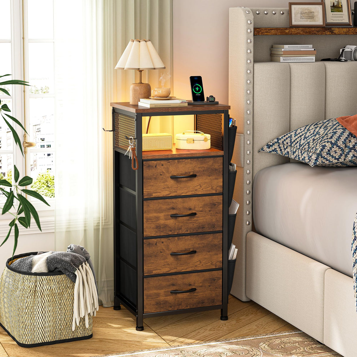 EnHomee Nightstand Set of 2, Night Stand with Charging Station & LED, Bedside Table with Fabric Drawers and Storage Shelf, Sturdy Steel Frame, Wood Top, Cloth Bags, Hooks, Brown EnHomee