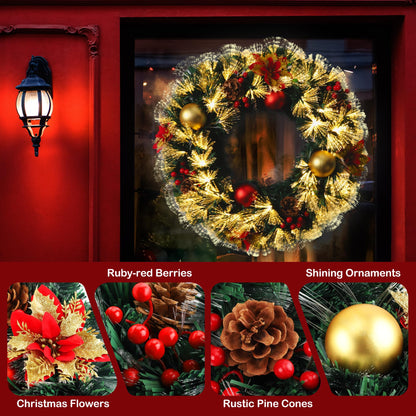 Pre-lit Christmas Wreath 24" Extra Large Christmas Wreath Artificial Deluxe Lighted Plug in Christmas Decorations Ornament with Lights Door Window Fireplace Decor 10ft Cable