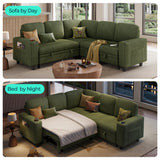 LINSY HOME Sectional Sleeper Sofa with Pull Out Couch Bed - Convertible Plush Corduroy Cloud Couch with Storage Chaise & USB Charging, Comfy L Shaped Modular Couches for Living Room Apartment, Green LINSY HOME
