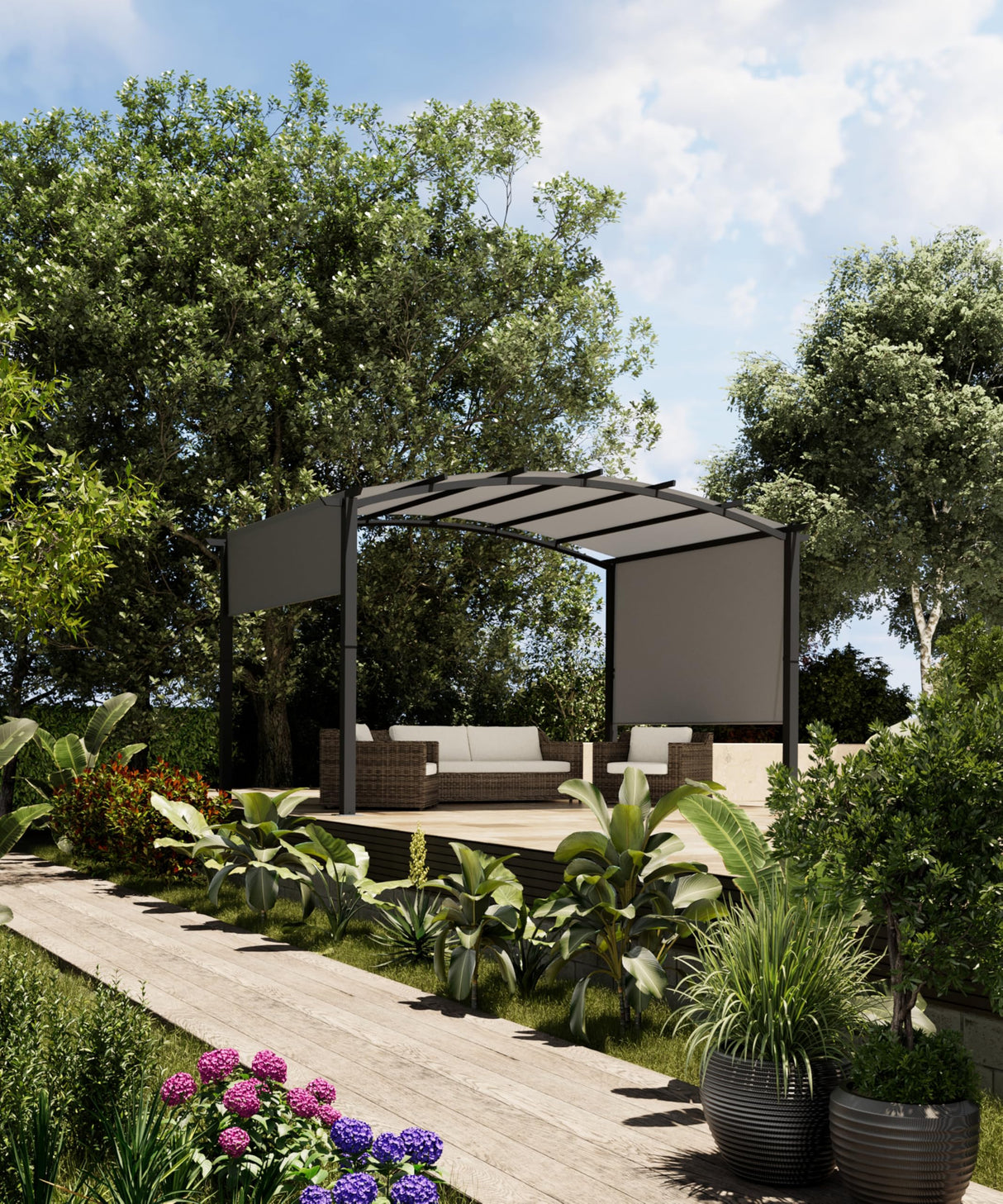 GarveeLife 12' x 9' Outdoor Arched Pergola, Metal Gazebo with Retractable Sun Shade for Backyards, Lawn, Patios (Grey) GarveeLife