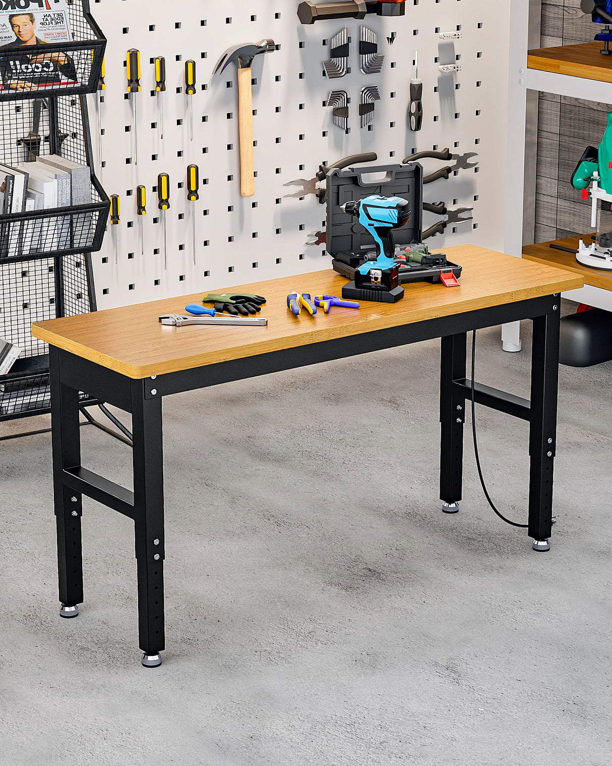 VORTEXTOVE 60" Adjustable Height Workbench 10 Level, 2000lbs Capacity Rubber Wood Top Work Station, Heavy-Duty Work Benches with Power Outlets, for Garage, Shop, Home, Office VORTEXTOVE