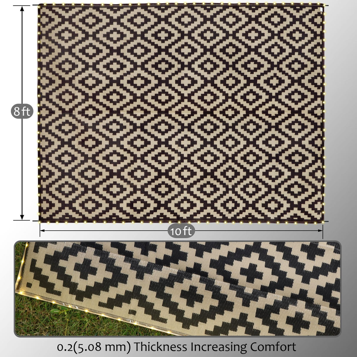 SAND MINE Reversible Mats with Led Strip Lights, Plastic Straw Rug, Modern Area Rug, Large Floor Mat for Outdoors, Patio, Backyard, Deck, Picnic, Camping, Black & Beige, 8' x 10' SAND MINE