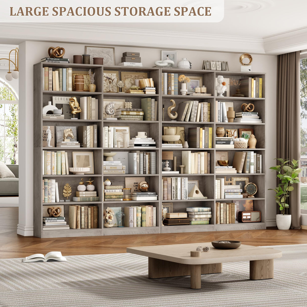 FACBOTALL Bookshelf and Bookcase, 6-Tier Double Wide Bookshelves, Freestanding Display Storage Shelves, Tall Bookcases for Home Decor Bedroom, Living Room, Home Office, Wash Gray FACBOTALL