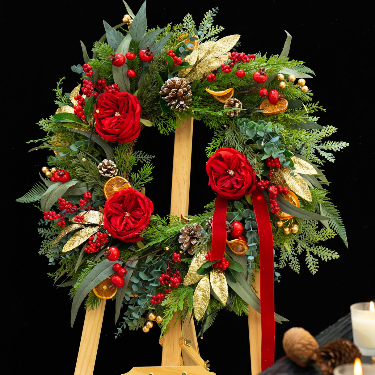 Pinkpuii Pre-lit Christmas Wreath with Lights,24 Inch Outdoor Christmas Wreaths for Front Door,Green Eucalyptus Olive Leaves Winter Door Wreath with Pinecones,Red Flower-Lighted Xmas Holiday Wreath Pinkpuii