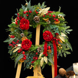 Pinkpuii Pre-lit Christmas Wreath with Lights,24 Inch Outdoor Christmas Wreaths for Front Door,Green Eucalyptus Olive Leaves Winter Door Wreath with Pinecones,Red Flower-Lighted Xmas Holiday Wreath Pinkpuii