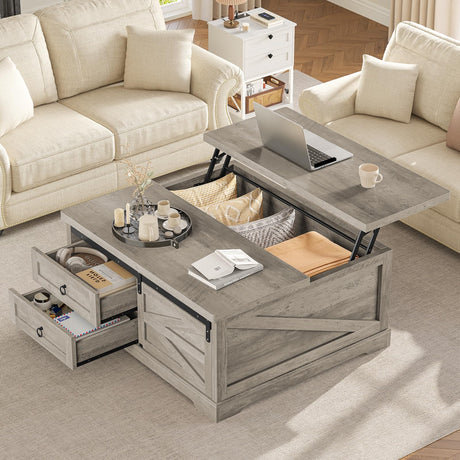 Itaar 39.4'' Lift Top Coffee Table with Storage, Farmhouse Coffee Tables for Living Room, Square Coffee Table with Large Hodden Compartment & 2 Drawrs & Adjustables Shelves (Gray) Itaar