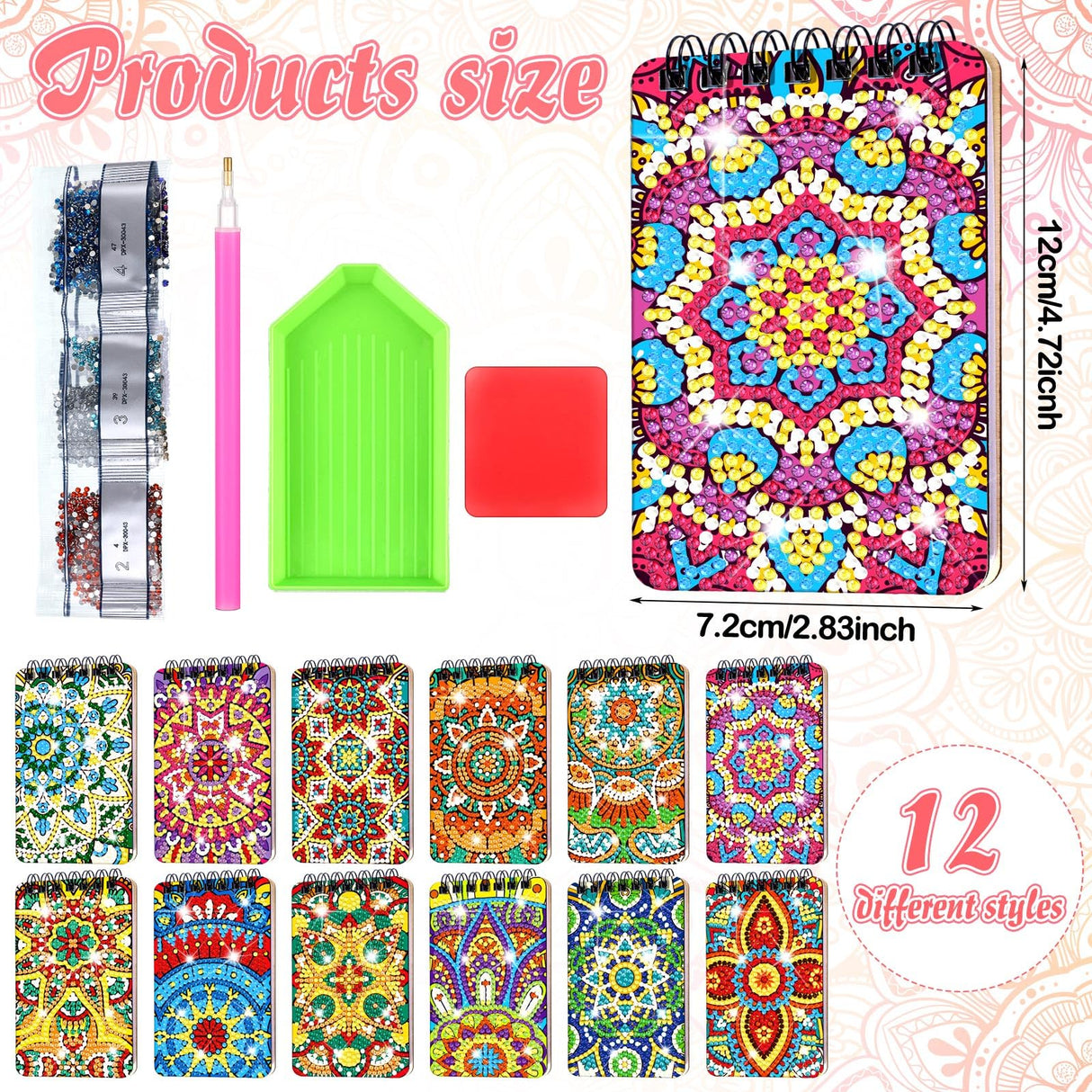 Fuyoooo 12 Pcs Mandala Diamond Painting Notebook DIY Mandala Cover Notebook Diamond Art Kits Notepad 5D Flower Diamond Journal Art Accessories for Adults Crafts Diamond Sketchbook with Tools Gift Fuyoooo