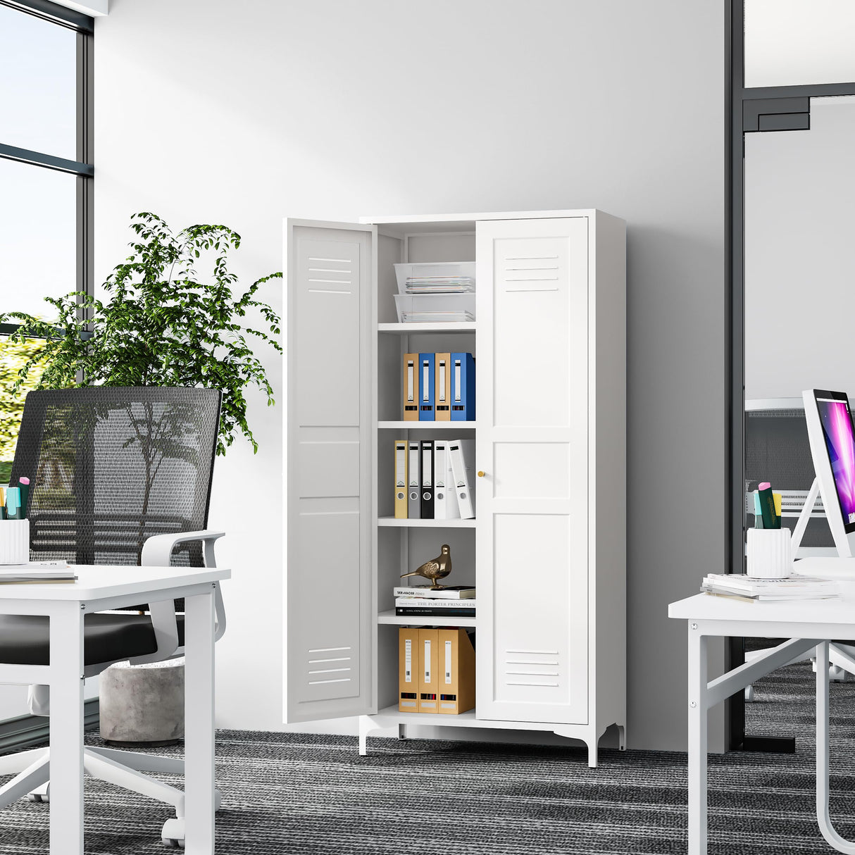 Fesbos Metal Storage Cabinet-61” Tall Steel File Cabinets with Doors and 4 Adjustable Shelves-White Steel Storage Cabinet for Home,Kitchen, School, Office, Garage Fesbos