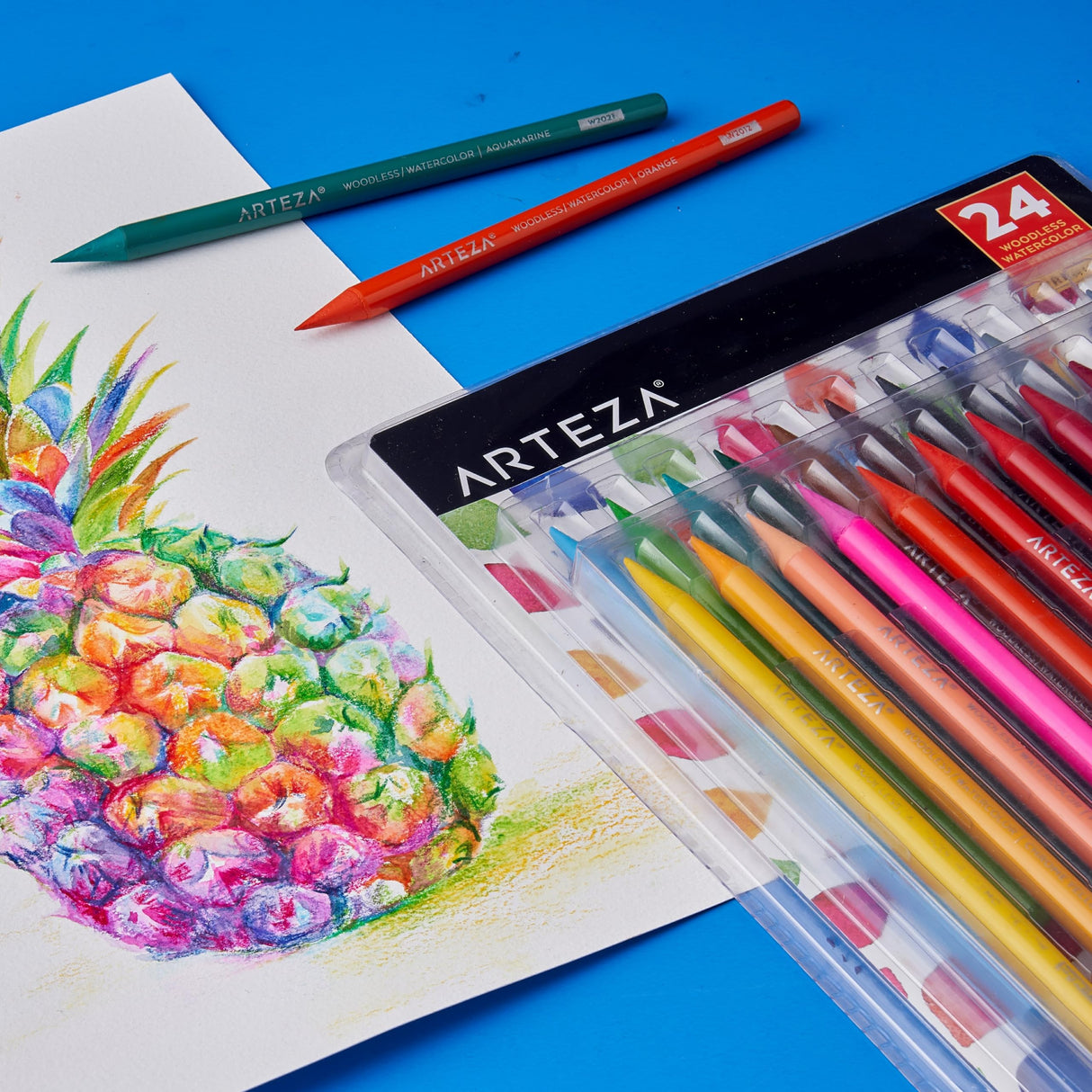 ARTEZA Woodless Watercolor Pencils, 24 Drawing Pencils, Colored Pencils Set for Adults, Art Supplies for Blending and Layering ARTEZA