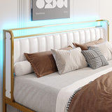 LIKIMIO Queen Bed Frame with Armrests Headboard & RGB Light, Upholstered Queen Size Bed Platform with Drawers, No Box Spring Needed, Study & No Noise, Modern Gold and White LIKIMIO