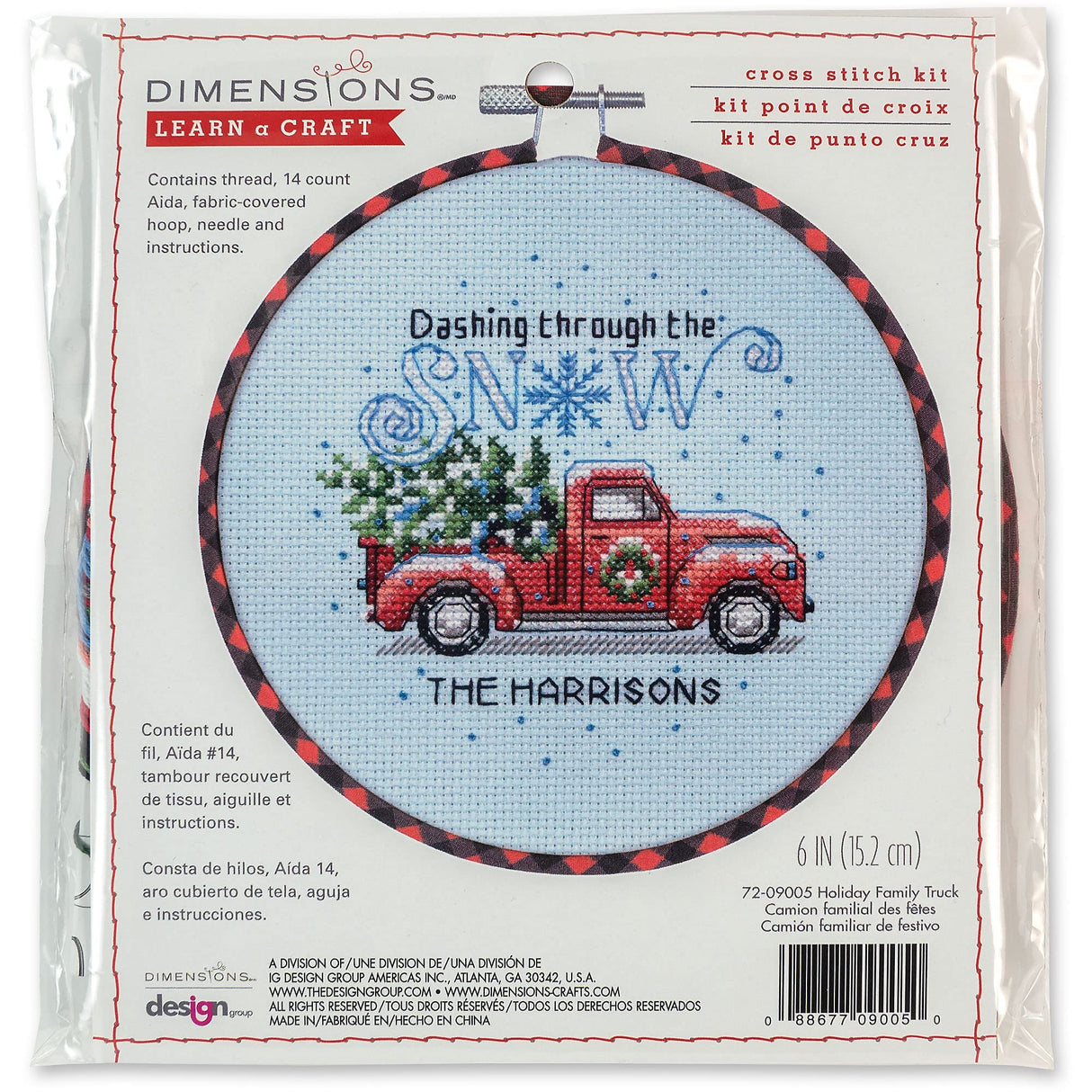Dimensions 72-09005 Holiday Family Truck Christmas Counted Cross Stitch Kit for Beginners, 6" D, 14 Cnt. White Aida, 5pcs Dimensions