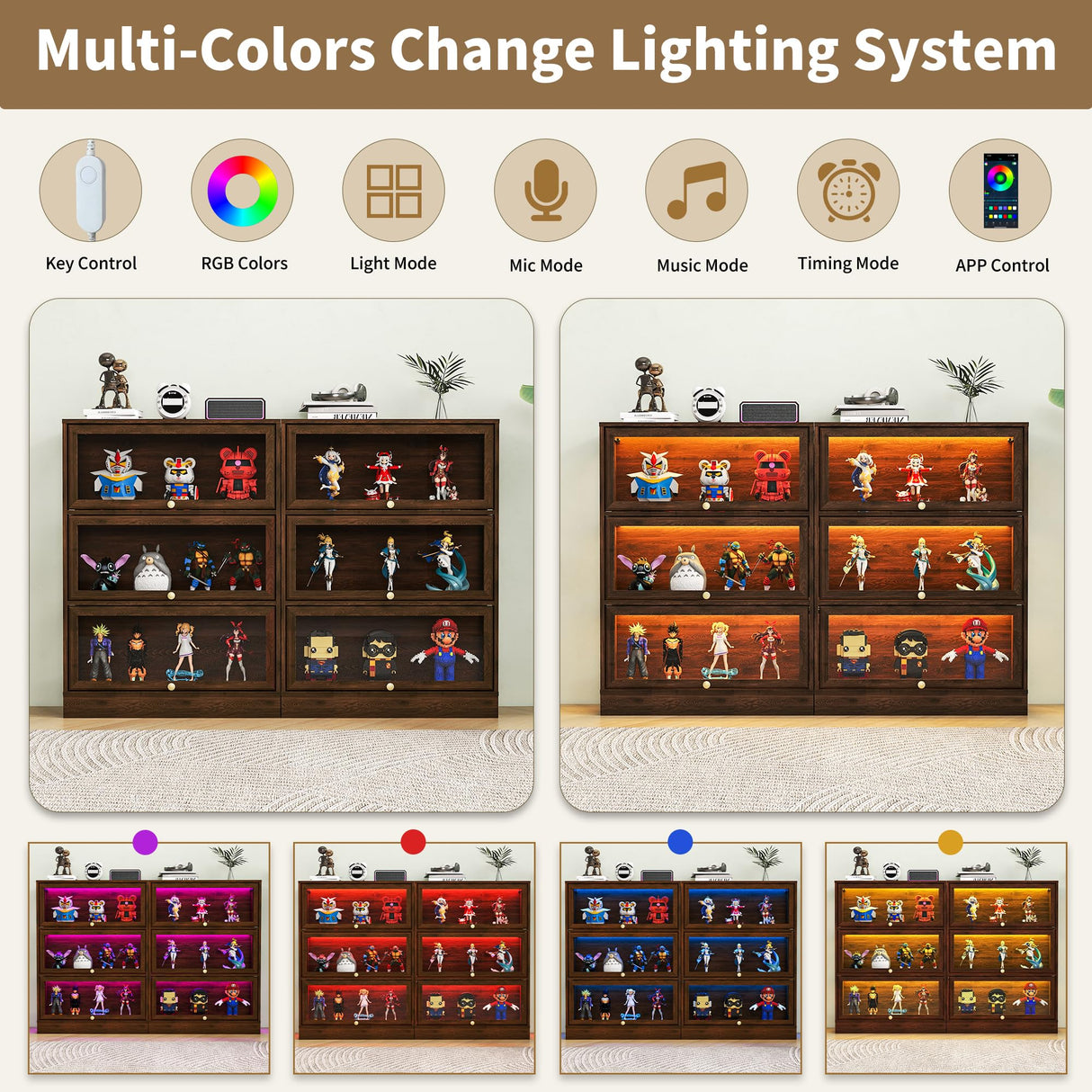 Boniture Display Cabinet with Acrylic Glass Doors,3-Tiers Curio Cabinet with LED Lighting for Collectibles, Collectibles Toy Organizers Rack & Display Shelf Display Case Storage Cabinet,Walnut BONITURE