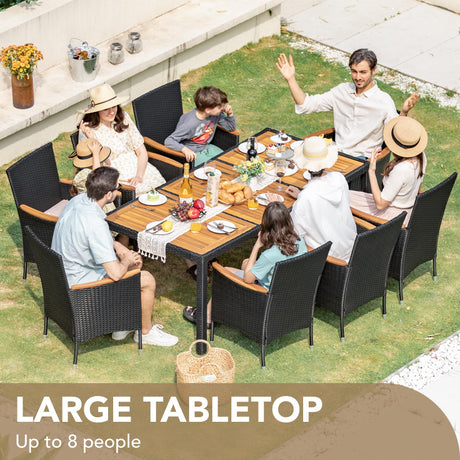 Devoko Outdoor Patio Dining Sets 9 Pieces Wicker Outdoor Dining Table and Chairs Set with Acacia Wood Table Top and Widened Armrests for Backyard, Garden, Deck (Black) Devoko