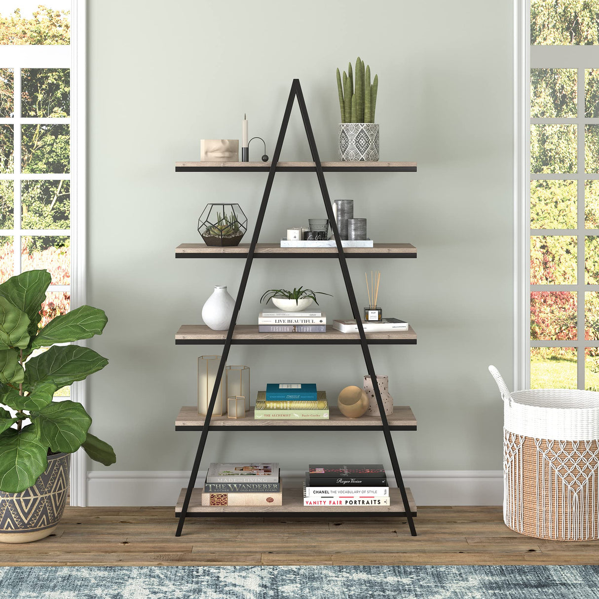Henn&Hart 68'' Tall A-Frame Bookcase in Blackened Bronze/Antiqued Gray Oak, for Home, Living Room, Bedroom, Entertainment Room, Office Henn&Hart
