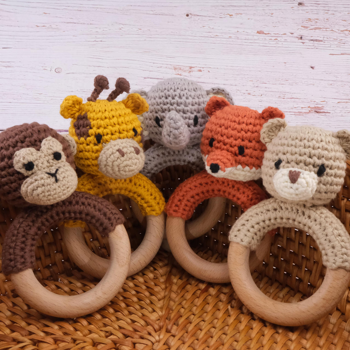 Joliecraft Safari Animals Wooden Baby Rattle Toys Stuffed Crochet Rattle with Teether Ring for Newborn, Beige Bear Joliecraft