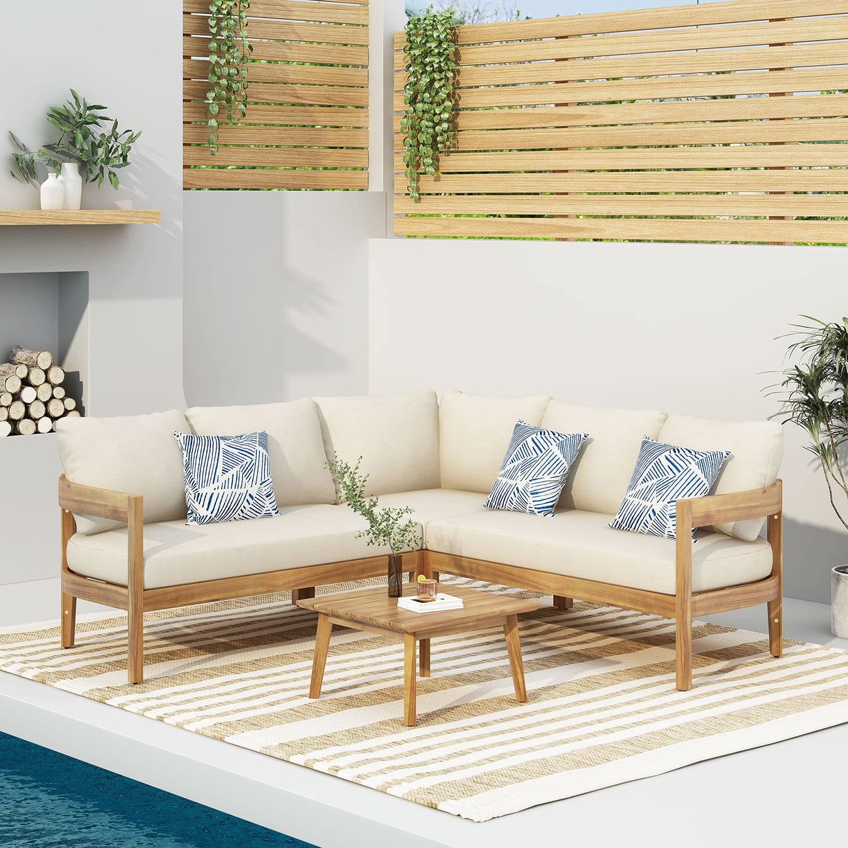 Christopher Knight Home Brooklyn Outdoor 5 Seater Sectional Sofa Chat Set with Cushions - Acacia Wood - Teak/Beige Christopher Knight Home